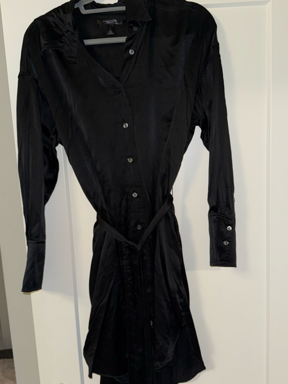 Banana Republic Black Satin Long-Sleeve Shirt Dress